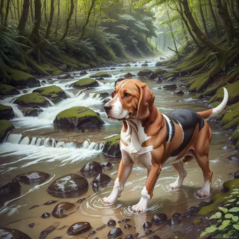 Basset Hound walking next to a river with clear water landscape and transparent ultra realistic 4k photo