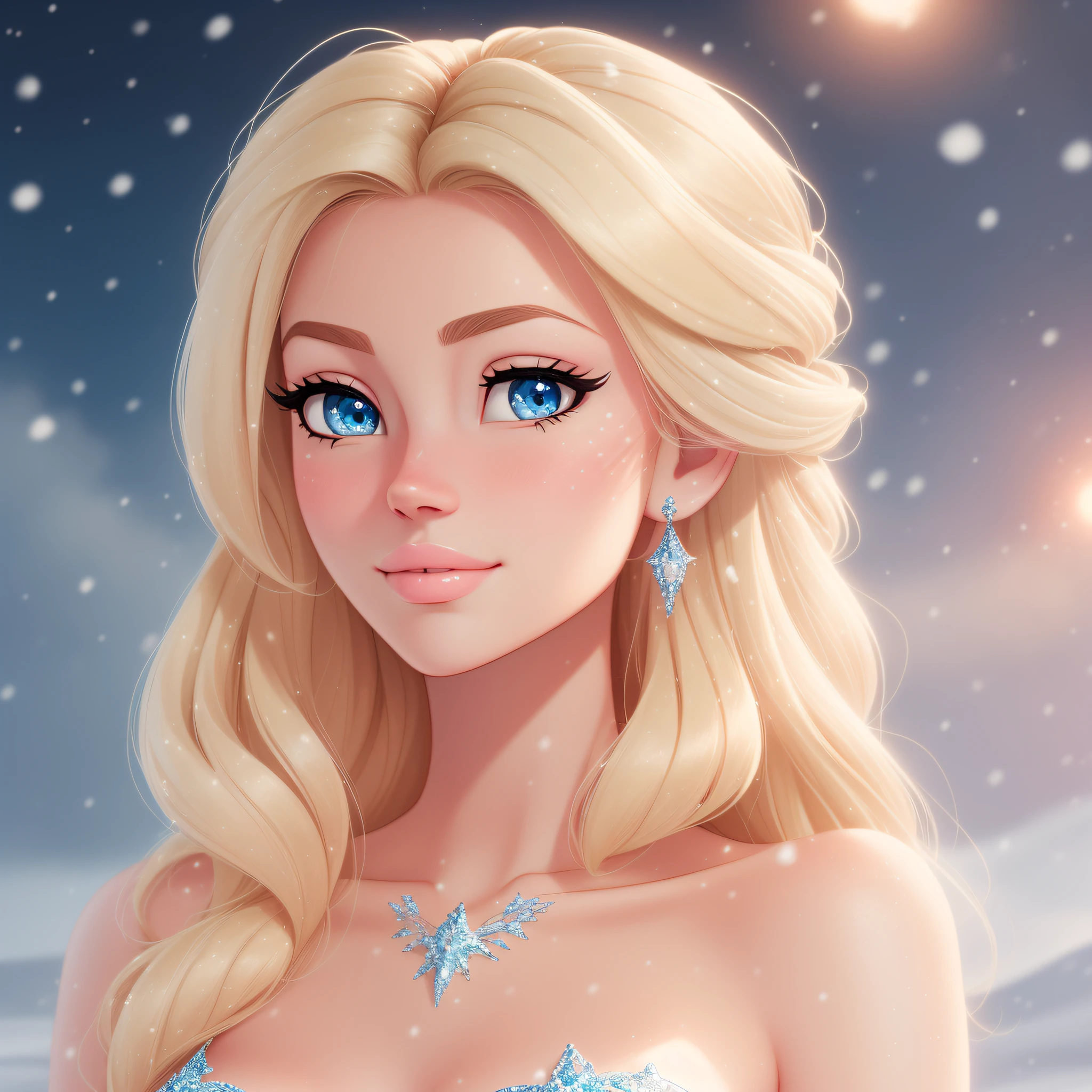 ((In Disney style)) (character: Elsa) Queen dress girl, (upper body shot), shiny skin, ((pale skin)), medium breast, blush,(stunning) very long hair, (blonde gradiant, transparent haired) , messy hair, blunt cut, straight across bangs, cute, (best illumination, an extremely delicate and beautiful), (cinematic light), ((delicate beautiful detail abstract background)), lens flare, delicate beautiful detail cute face, (looking at viewer with love), (delicate beautiful detailed glossy transparent hair), ((delicate beautiful detailed eyes)), ((realistic atmosphere)) (in snow mountain) ice magic, northern lights, full lips, glossy lips