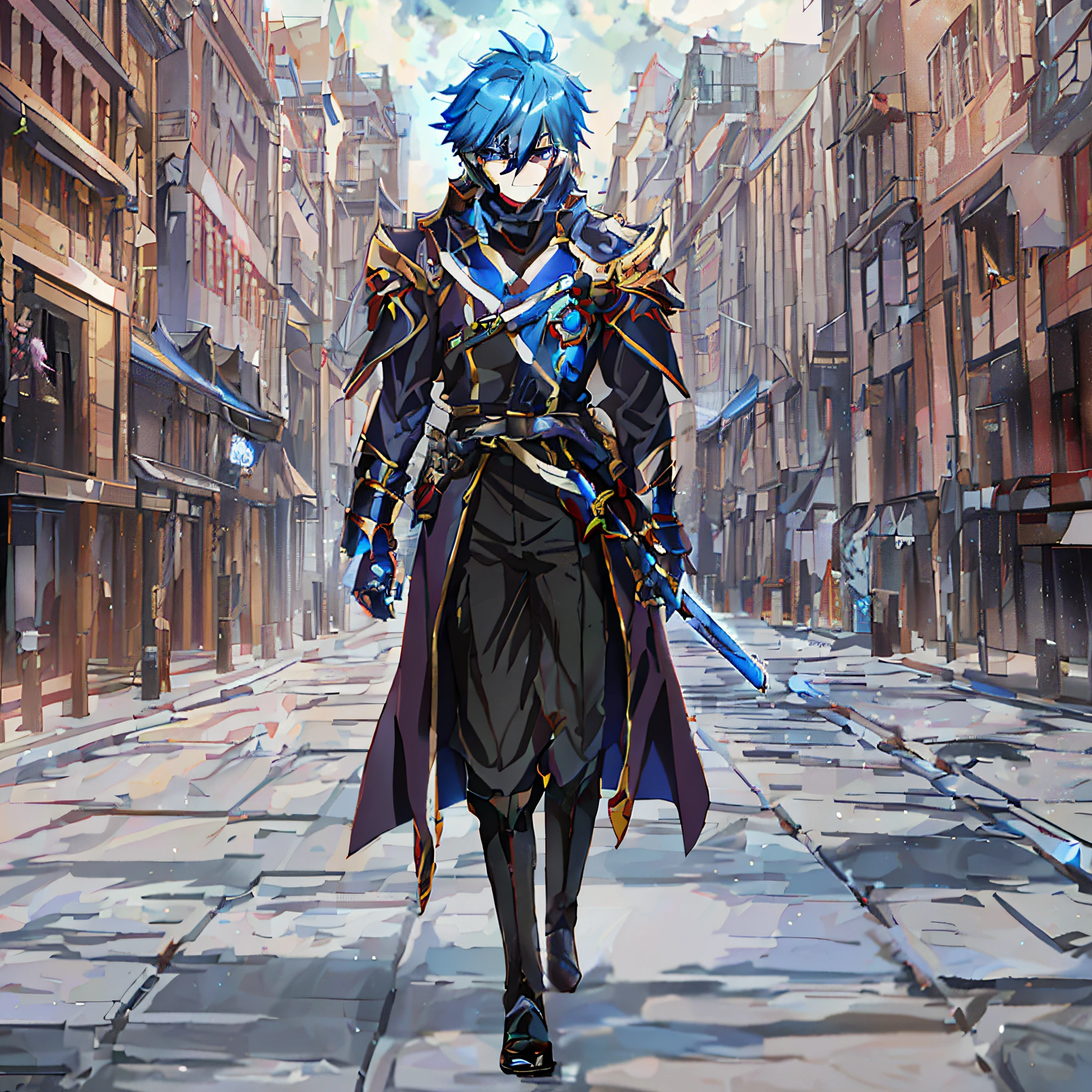 Anime-Charakter, der mit einem Schwert eine Stadtstraße entlang geht, Schlüssel-Anime-Kunst, Masamune Shiro, Beliebter Isekai-Anime, offizielle Charakterkunst, shadowverse style, detailed Schlüssel-Anime-Kunst, Badass-Anime 8 K, Anime-Konzept HDR-Anime Macmanus, Großer Anime-Typ mit blauen Augen, high detailed offizielle Kunstwork, Anime-Schlüsselkunst, Kasimir Kunst, offizielle Kunst