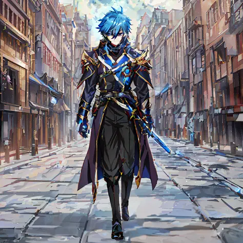 anime character walking down a city street with a sword, key anime art, masamune shiro, popular isekai anime, official character...