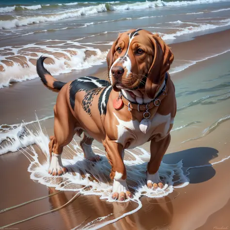 basset hound walking on beach sand with clear water landscape and transparent ultra realistic 4k photo