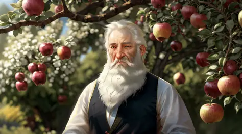 arafed man with a long white beard standing in front of a tree with apples, long white beard, full white beard, long white hair ...