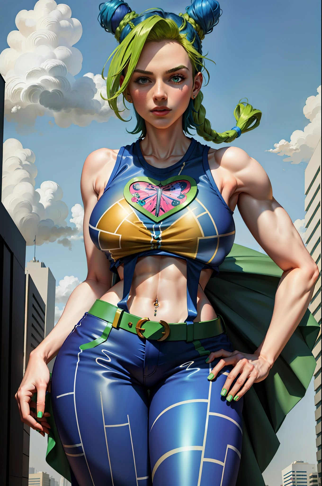 masterpiece, best quality, 1girl, solo, giant, giant, (((towering over you)))), (full body), 1girl, jolynejojo, half body, digital art, masterpiece, green and blue hair, cropped, sleeveless, wearing pants