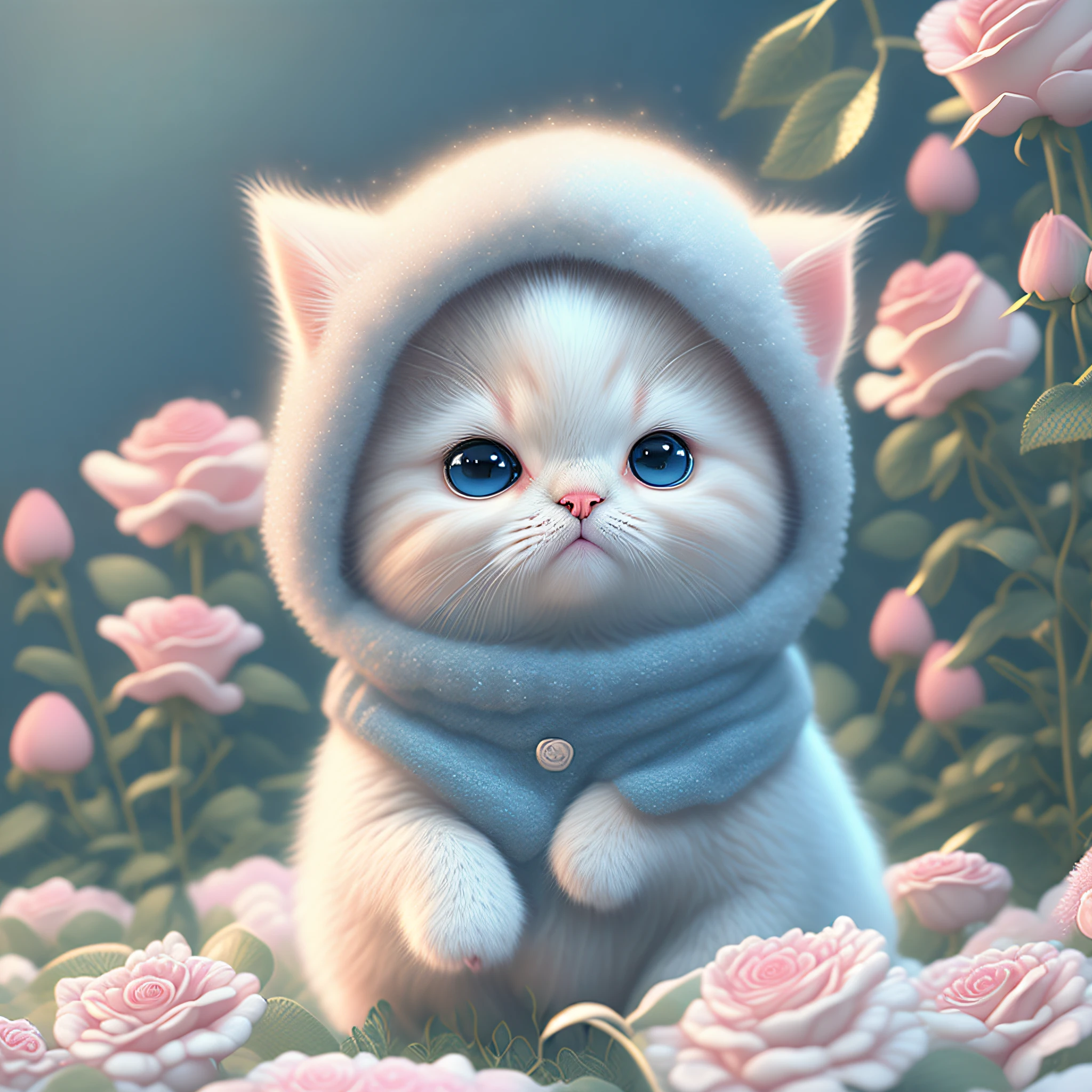 Nesta arte CG ultra-detalhada, o adorável gatinho cercado por rosas etéreas, melhor qualidade, alta resolução, Detalhes intrincados, fantasia, animais fofos