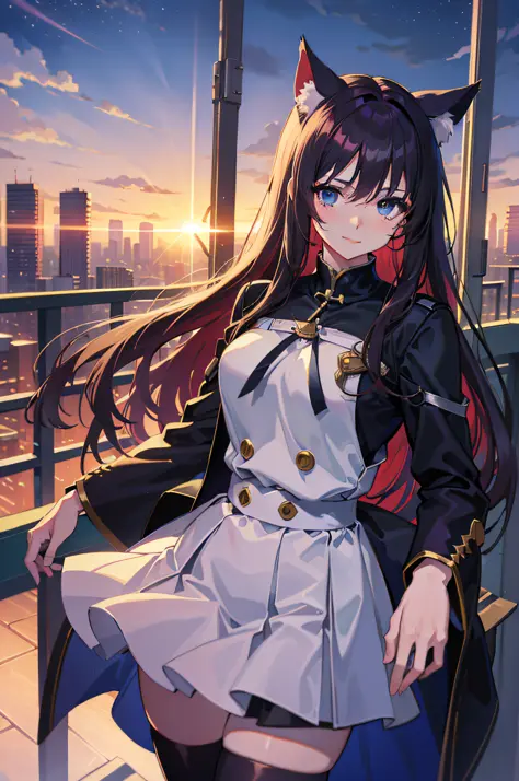 ((Top Quality, 8K,)) anime girl with long hair and cat ears standing in front of the city, Rin Tosaka, anime moe art style, anime style like Fate/stay night, anime girl with long hair, very cute anime girl face, nightcore, from the front line of girls, cut...