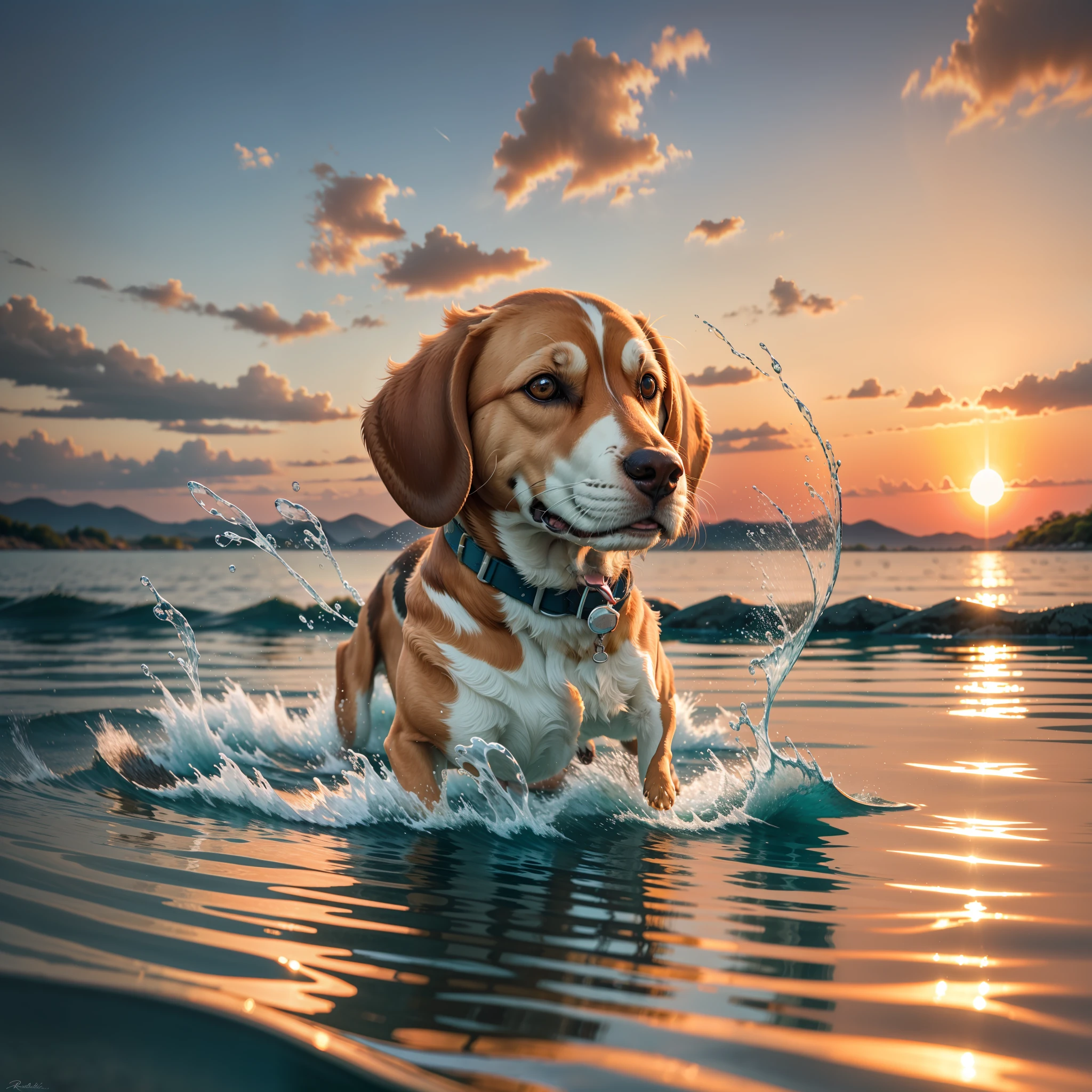 Beagle Harrier nadando en una piscina ajardinada de agua clara y transparente puesta de sol ultra realista foto 4k