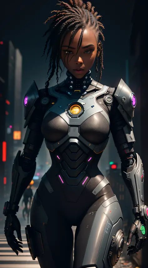 1girl, (black_background:1.1), dark skin, (cyberpunk robot:1.1), (best quality), (masterpiece), (realistic), (detailed), highly ...
