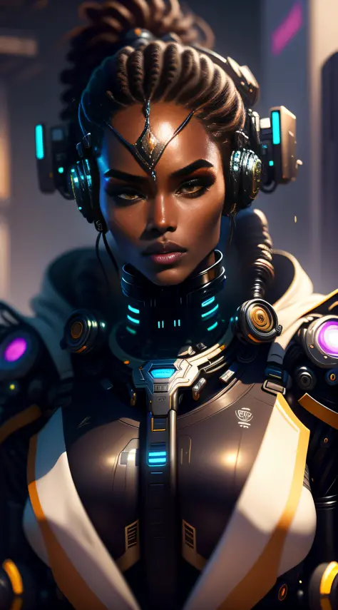 1girl, (black_background:1.1), dark skin, (cyberpunk robot:1.1), (best quality), (masterpiece), (realistic), (detailed), highly ...