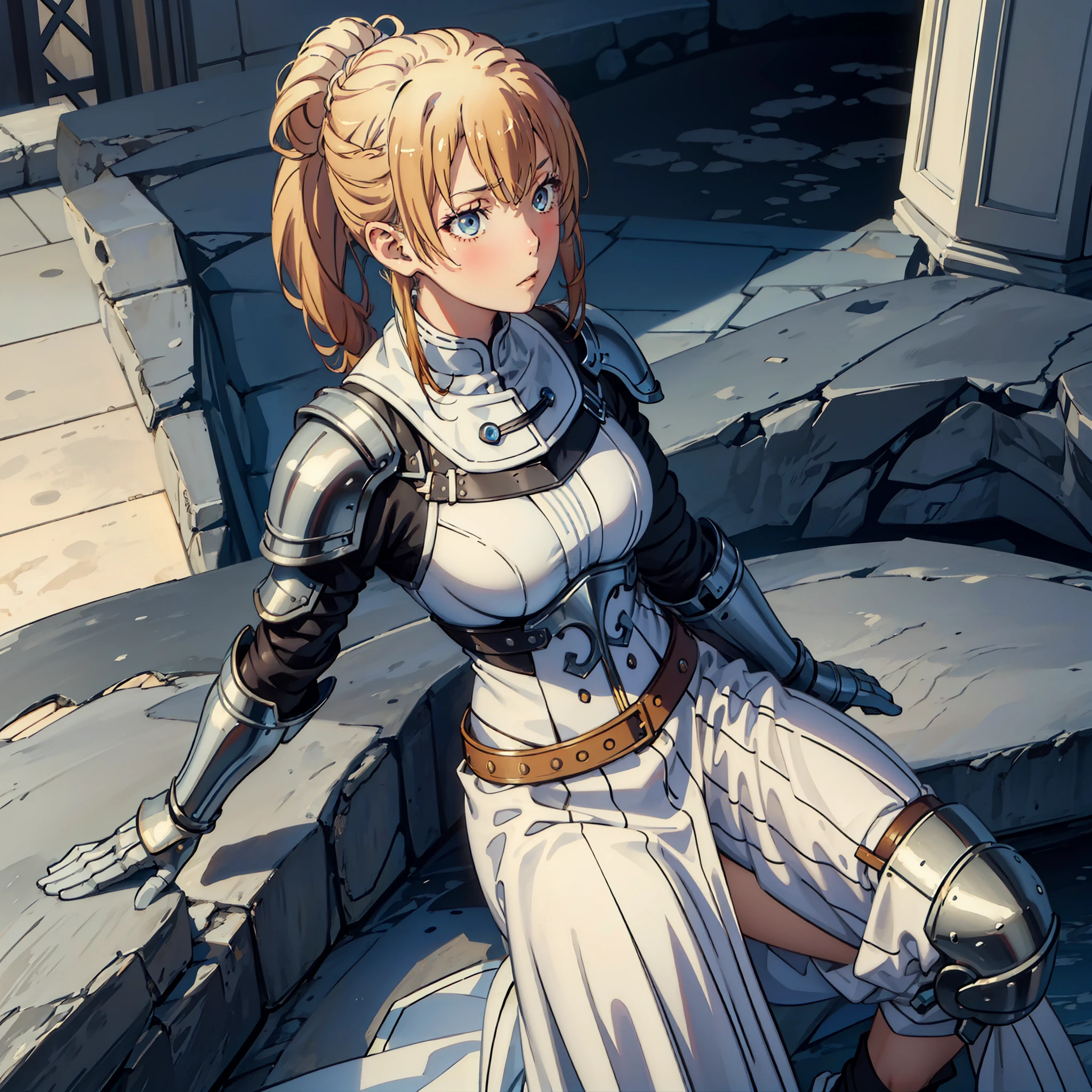 (masterpiece, best quality), Anime, Blonde hair, Blue Eyes, Ponytail with Braids, Bangs, cool face, adult woman, white knight armour, front view, 1girl, emotionless, Fantasy, simple colouring