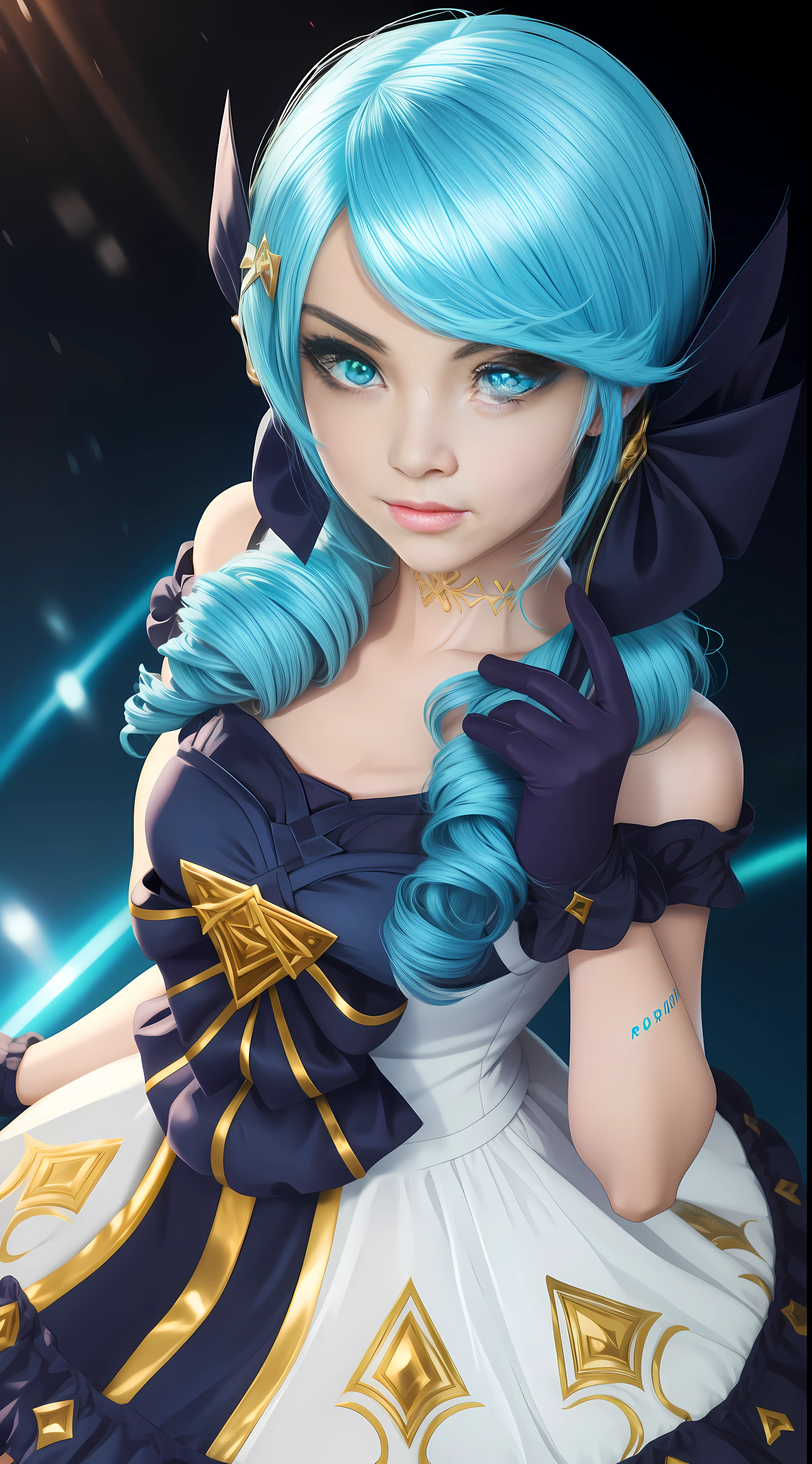 (medium head) perfect face, Beautiful face, extremely detailed eyes, beautiful eyes, medium eyes, anime girl, sexy pose, solo, 1girl, short wavy hair, angry face, viewer look, smile, drill hair, gwen, blue hair, best quality, masterpiece, white dress, hair ornament, bow, crouch, gloves, black tights, legs, perfect lighting,