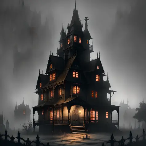 arafed house with a creepy roof and a creepy graveyard, spooky mansion, gothic mansion, haunted gothic hotel, background artwork, inspired by Andreas Rocha, ultra detailed haunted house, haunted house, eerie highly detailed, haunted house themed, victorian...