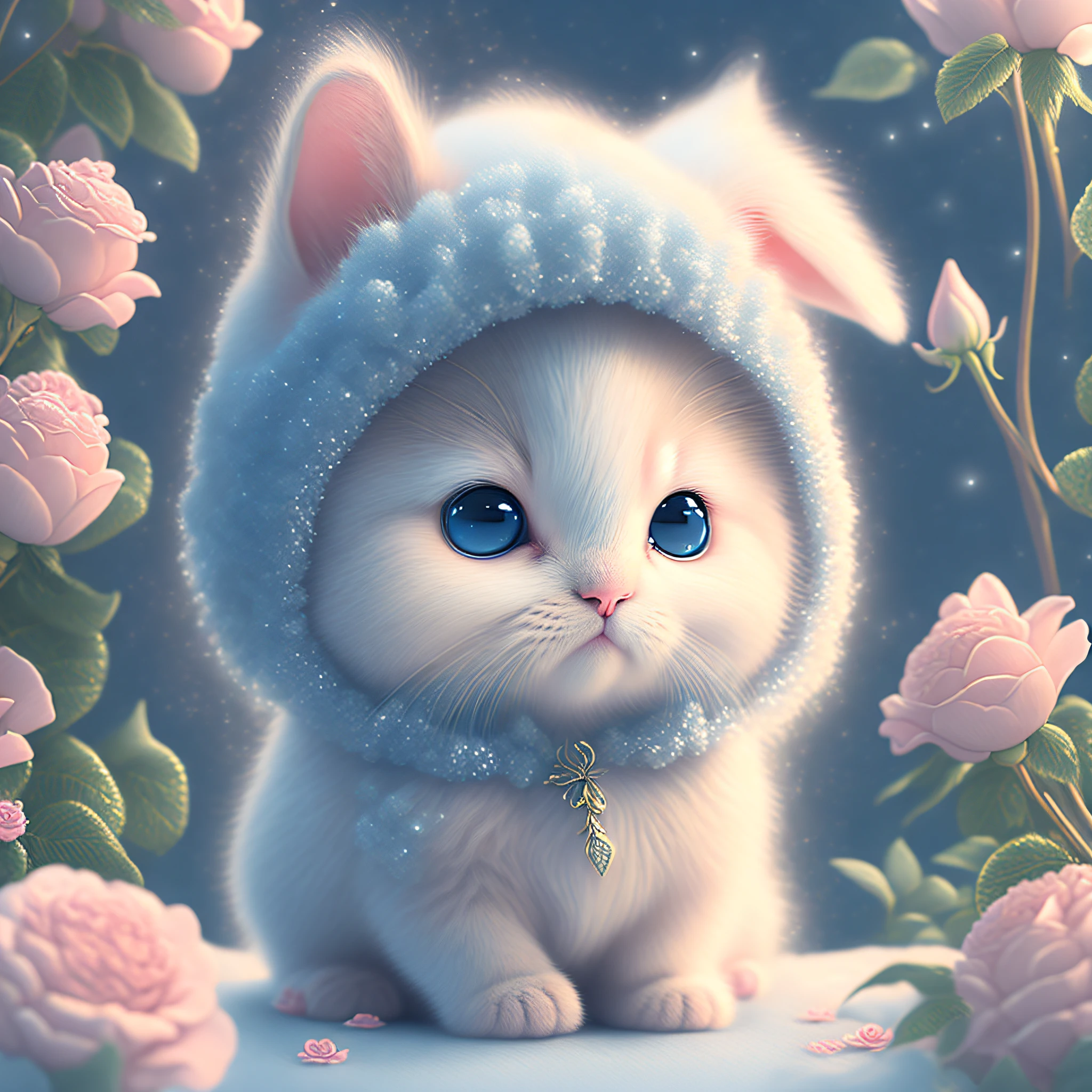 In this ultra-detailed CG art, the adorable kitten surrounded by ethereal roses, best quality, high resolution, intricate details, fantasy, cute animals, smile rabbit