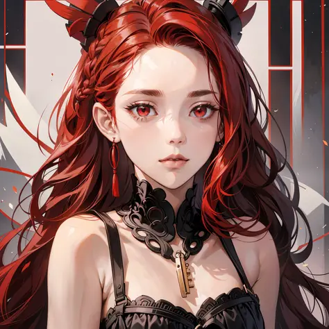 best quality, masterpiece, red hair, red eyes, red and black clothes, looking up, upper body, lock of hair, fair skin, side braids --auto --s2