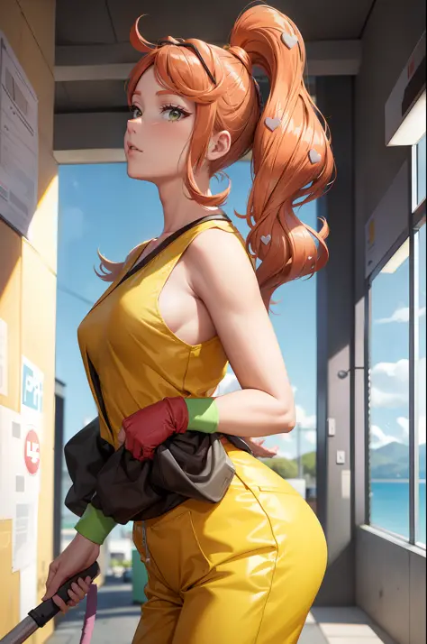 sonia
side ponytail
heart hair ornament
eyewear on head, working as a janitor, pretty, tight  yellow janitor jumpsuit