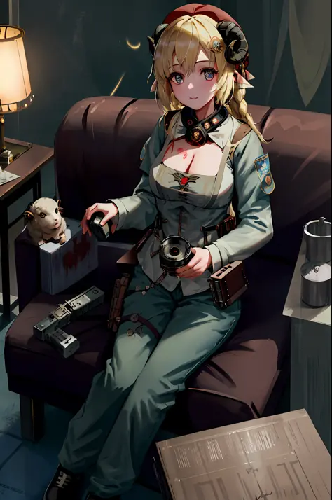 masterpiece, best quality, absurd, perfect anatomy, Tsunomaki Watame, sheep, sheep ears, long hair, blood, cleavage,[post-apocalypse], High detail RAW color Photo, closeup shot, of (American woman, wearing American military shirt and pants, military beret)...