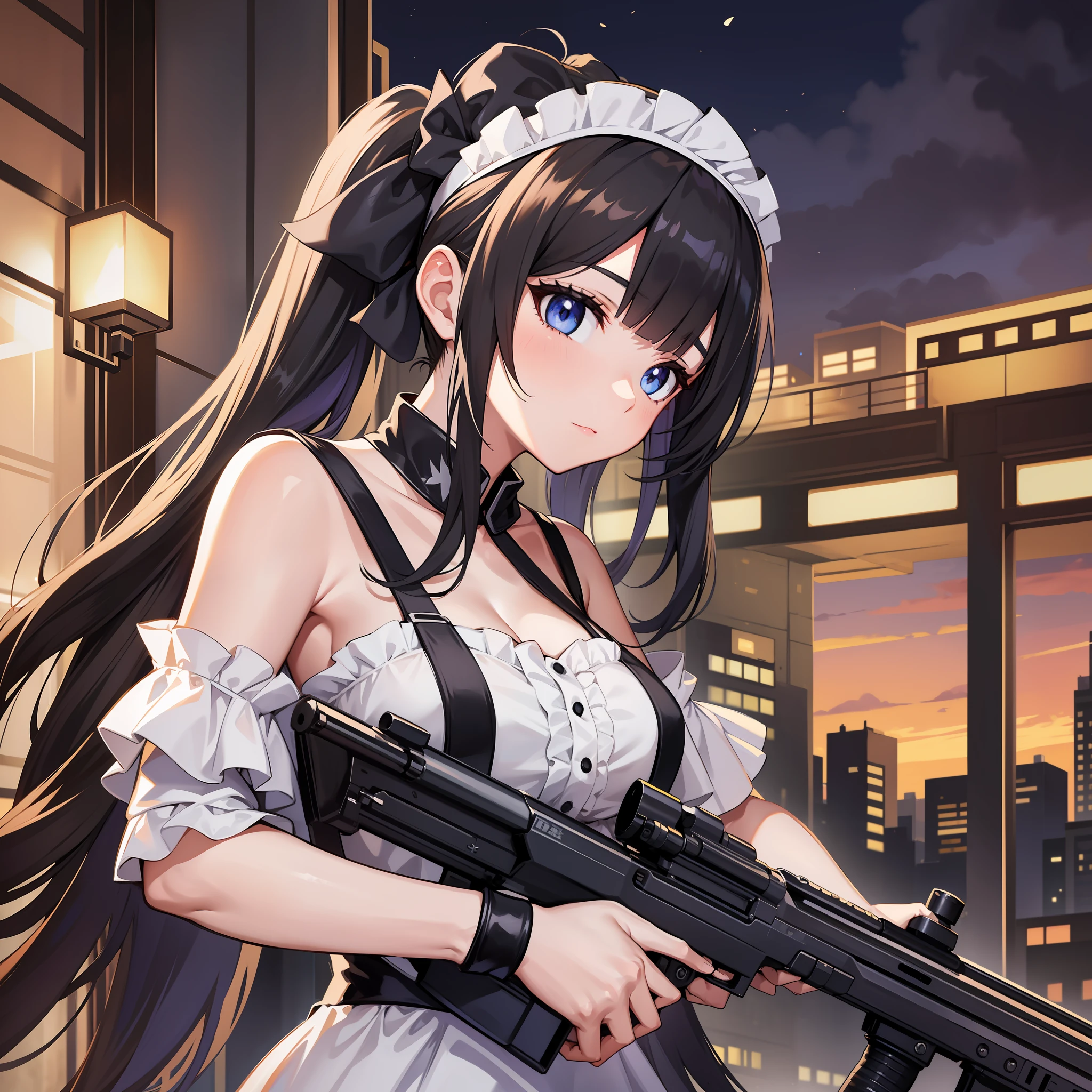 Adult female, Holding a long white sniper weapon, wear maid dress off shoulder, stocking, perfect face, beautiful eyes, black long Hair in two pigtails, standing On the brown dessert, Night, Wearing a headband, black eyes, variation angle