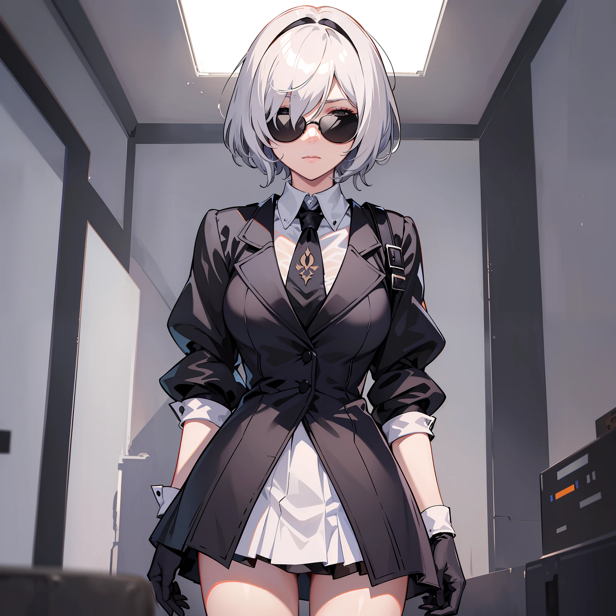 masterpiece, best quality, solo, (yorha no. 2 type b:1.14), (upper body:1.1), medium breasts, expressionless, 1girl, solo, (ruffling hair, messy hair:1.1), short hair, white hair, bottom inside the room, best quality, ultra detailed, 1girl, solo, standing, medium hair, fringes, white shirt, tie, skirt, legwear, black gloves, round black glasses, sunglasses, all-black glasses, hiding his eyes, does not show his eyes, round glasses, óculos esférico