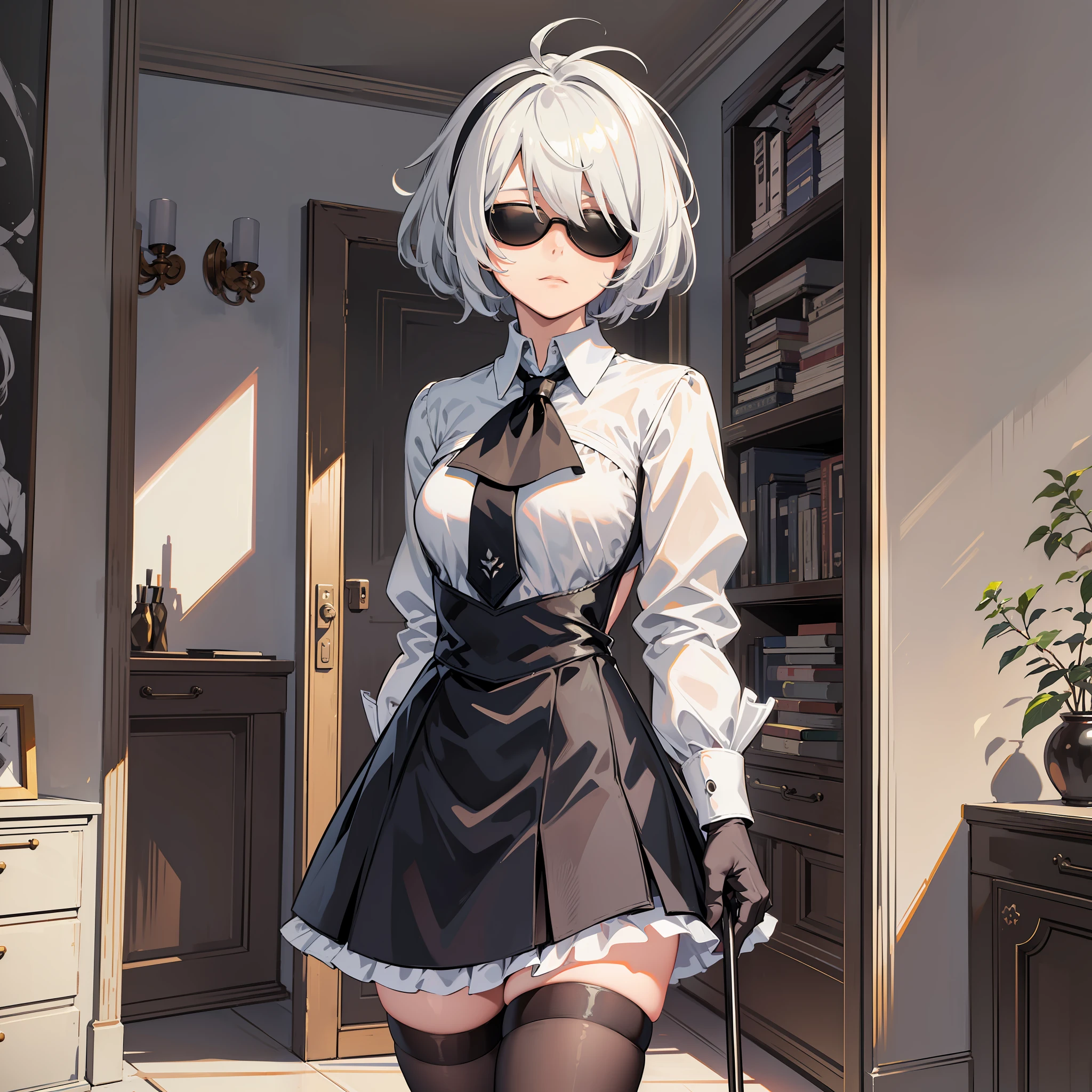 masterpiece, best quality, solo, (yorha no. 2 type b:1.14), (upper body:1.1), medium breasts, expressionless, 1girl, solo, (ruffling hair, messy hair:1.1), short hair, white hair, bottom inside the room, best quality, ultra detailed, 1girl, solo, standing, medium hair, fringes, white shirt, tie, skirt, legwear, black gloves, round black glasses, sunglasses, all-black glasses, hiding his eyes, does not show his eyes, round glasses, óculos esférico