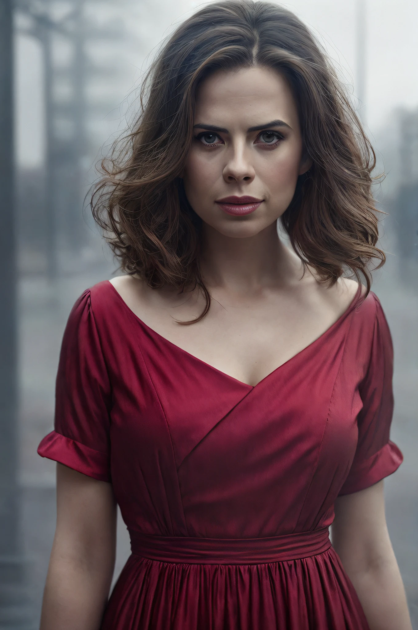 (Thirty year old) woman, standing in the rain, wearing a (long bright red dress:1.2), dreamy photo, dramatic pose, looking straight at camera, intense stare, slight smile, portrait, beautiful landscape, misty, painting by andre kohn. Hayley Atwell, intricate, 8k, highly detailed, (extremely detailed CG unity 8k wallpaper), ((square jaw)), (well defined jaw), (downturned lips), (detailed anatomy), Hyperrealistic, trending on CGSociety, Intricate, High Detail, Sharp focus, dramatic, volumetric lighting, digital painting, intense, modelshoot style, (extremely detailed CG unity 8k wallpaper), full shot body photo of the most beautiful artwork in the world, pearl skin, by Jeremy Mann, trending on ArtStation, photorealistic painting art by midjourney