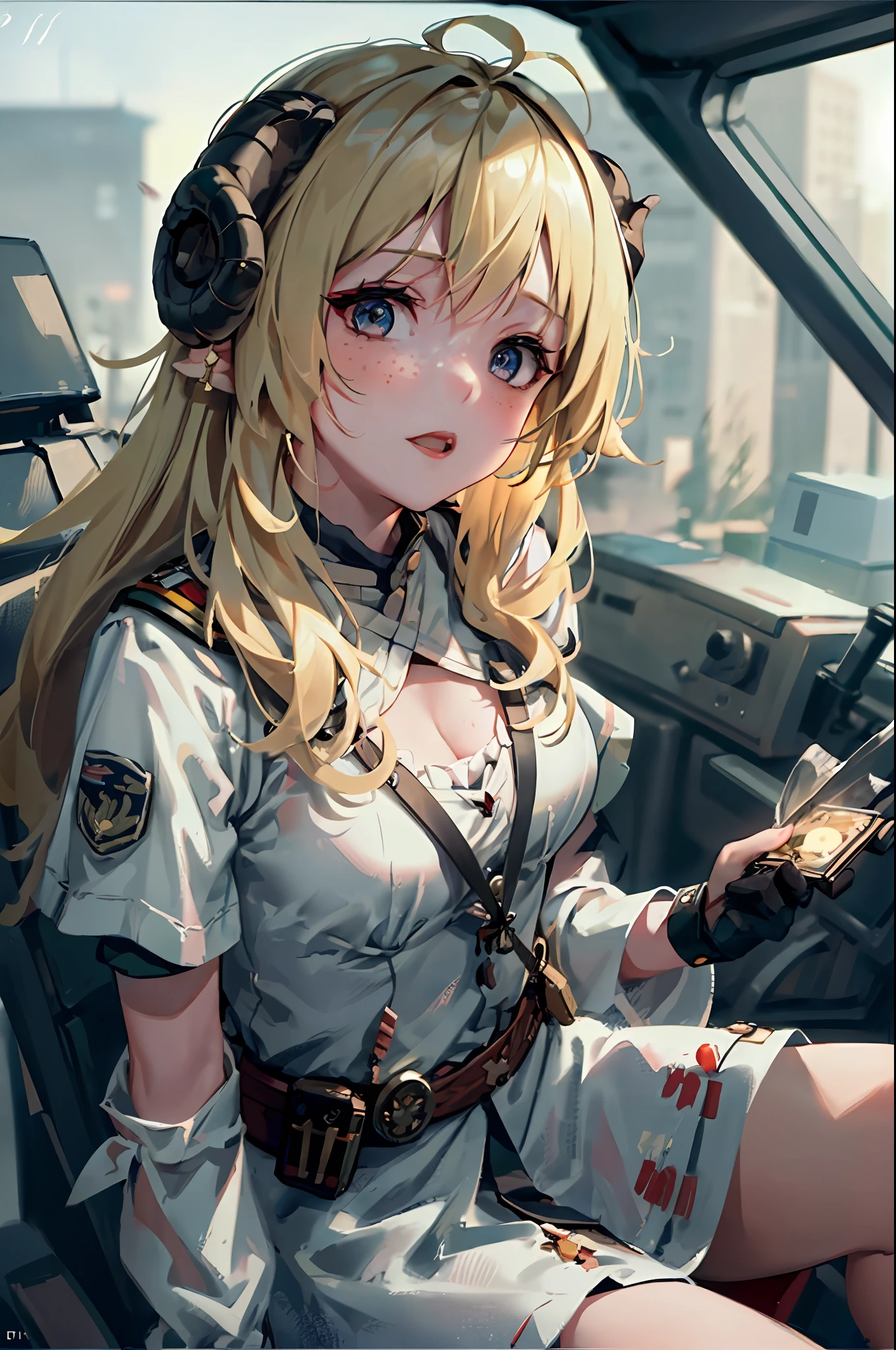 masterpiece, best quality, absurd, perfect anatomy, Tsunomaki Watame, sheep, sheep ears, long hair, blood, cleavage,Highest quality, (dramatic lighting:0.7), masterpiece, high angle shot, RAW photo of (pale 21 year old woman wearing military pilot helmet, IHADSS, looking up at the viewer), cute, (wearing combat fatigues, skin tight), (sitting in the pilot seat of US attack helicopter), portrait, perfect face, alluring eyes, vivid detail, (highly detailed skin), freckles, sfw, (blue tint:0.6), (dirty:0.8), (bloody:0.7), key lighting, (backlighting:0.5), medium depth of field, photographed on a Leica SL (Typ 601) Mirrorless Digital Camera, 50mm lens, F/4 aperture, (hyperdetailed, intricate details), sharp focus, muted colors, 8k, absurdres, 8mm film grain, war photography