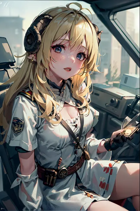 masterpiece, best quality, absurd, perfect anatomy, Tsunomaki Watame, sheep, sheep ears, long hair, blood, cleavage,Highest quality, (dramatic lighting:0.7), masterpiece, high angle shot, RAW photo of (pale 21 year old woman wearing military pilot helmet, ...