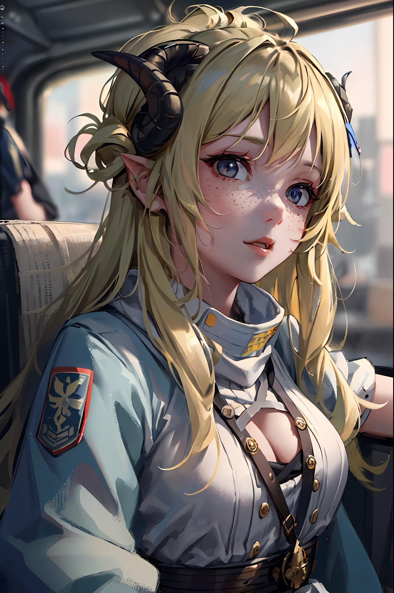 Anime girl with horns and a blue shirt sitting in a car - SeaArt AI