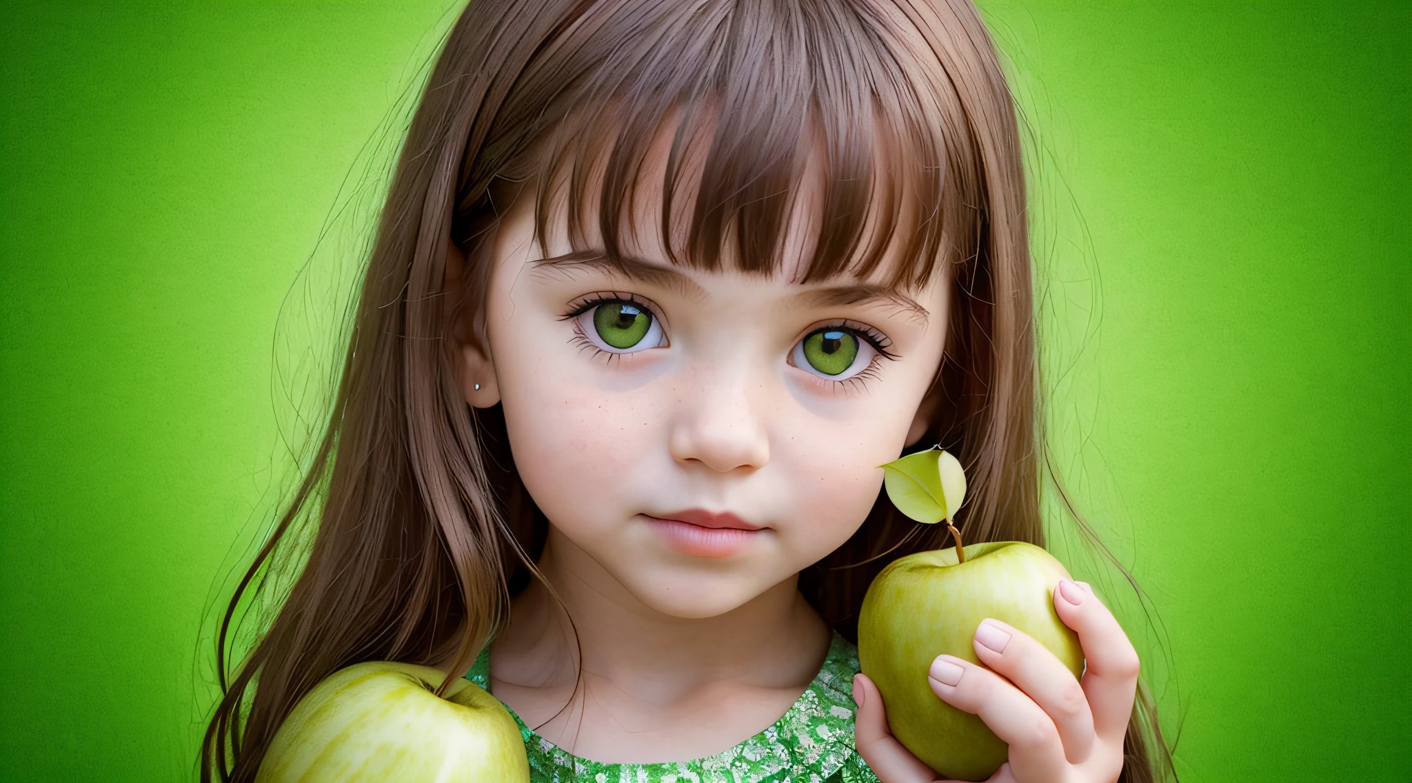 CHILD girl holding two green apples in front of her face, holding an apple, eating fruits a safe apple in hand, green apples, green slime, promo still,, 3 4 5 3 1, photoshoot --auto --s2