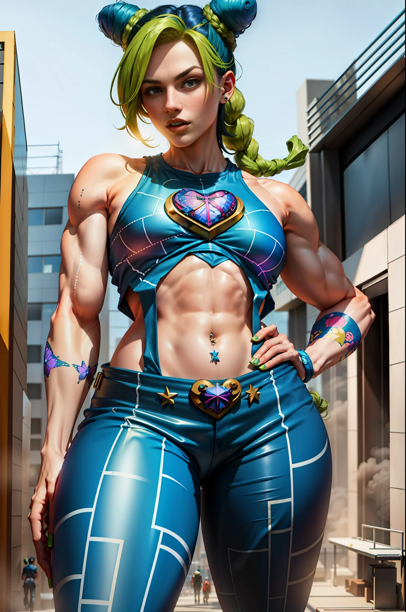 masterpiece, best quality, 1girl, solo, giant, giant, (((towering you)))), (full body), 1girl, jolynejojo, devouring a planet, digital art, masterpiece, green hair and blue, cropped, sleeveless, wearing pants, in outer space