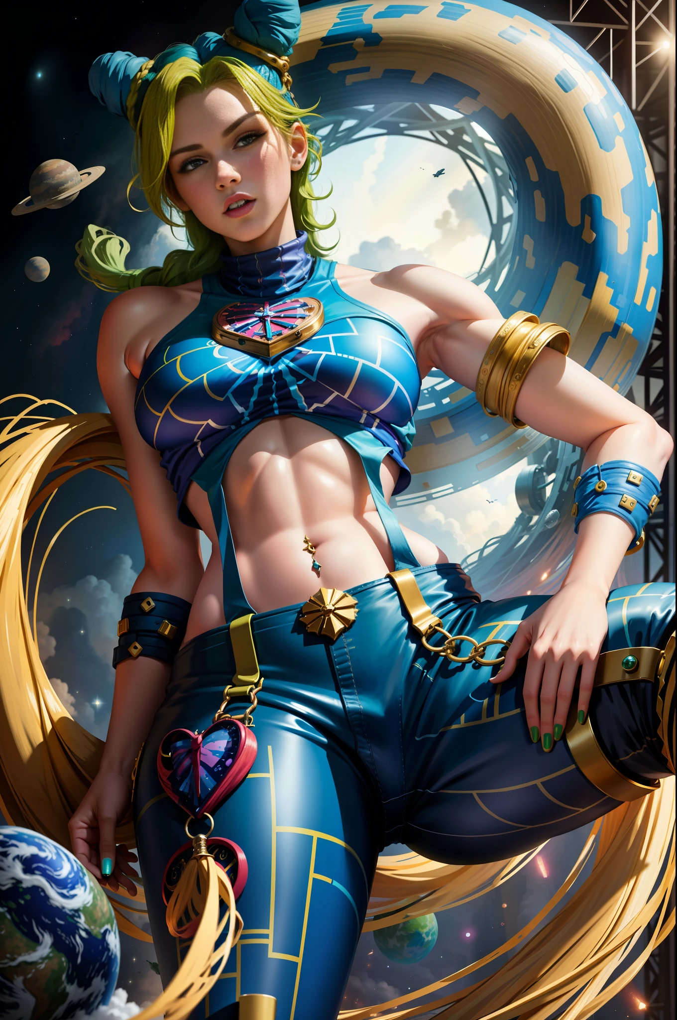 masterpiece, best quality, 1girl, solo, giant, giant, (((towering you)))), (full body), 1girl, jolynejojo, devouring a planet, digital art, masterpiece, green hair and blue, cropped, sleeveless, wearing pants, in outer space