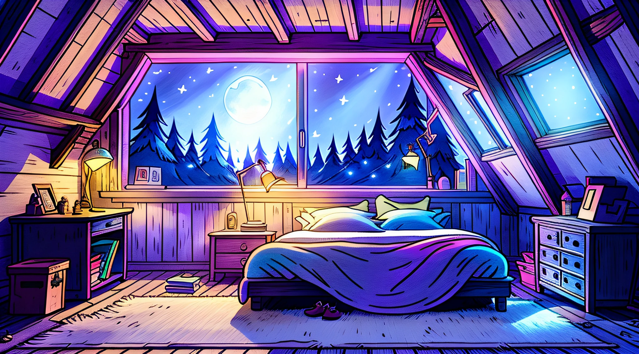 уютная спальня ночью, лунный свет светит в окно, подробная иллюстрация, мультфильм, в стиле гравитифолз,