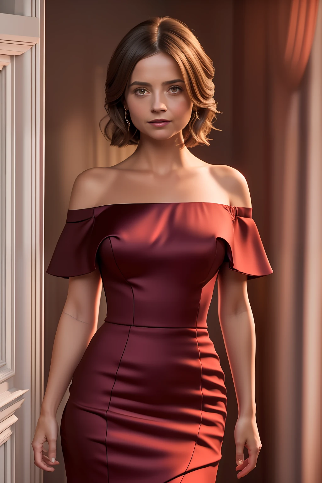 Jenna Coleman, A tall slender adult woman standing in her dark bedroom, wearing a tight off-the-shoulder dark red cocktail dress, ((small_breasts)), collarbone, small head, (photorealistic:1.2) (best quality) (intricate details) (8K) (High Poly) (ray tracing) (cinema lighting) (sharp focus) (detailed face), realistic skin textures, (she is 50 years old)