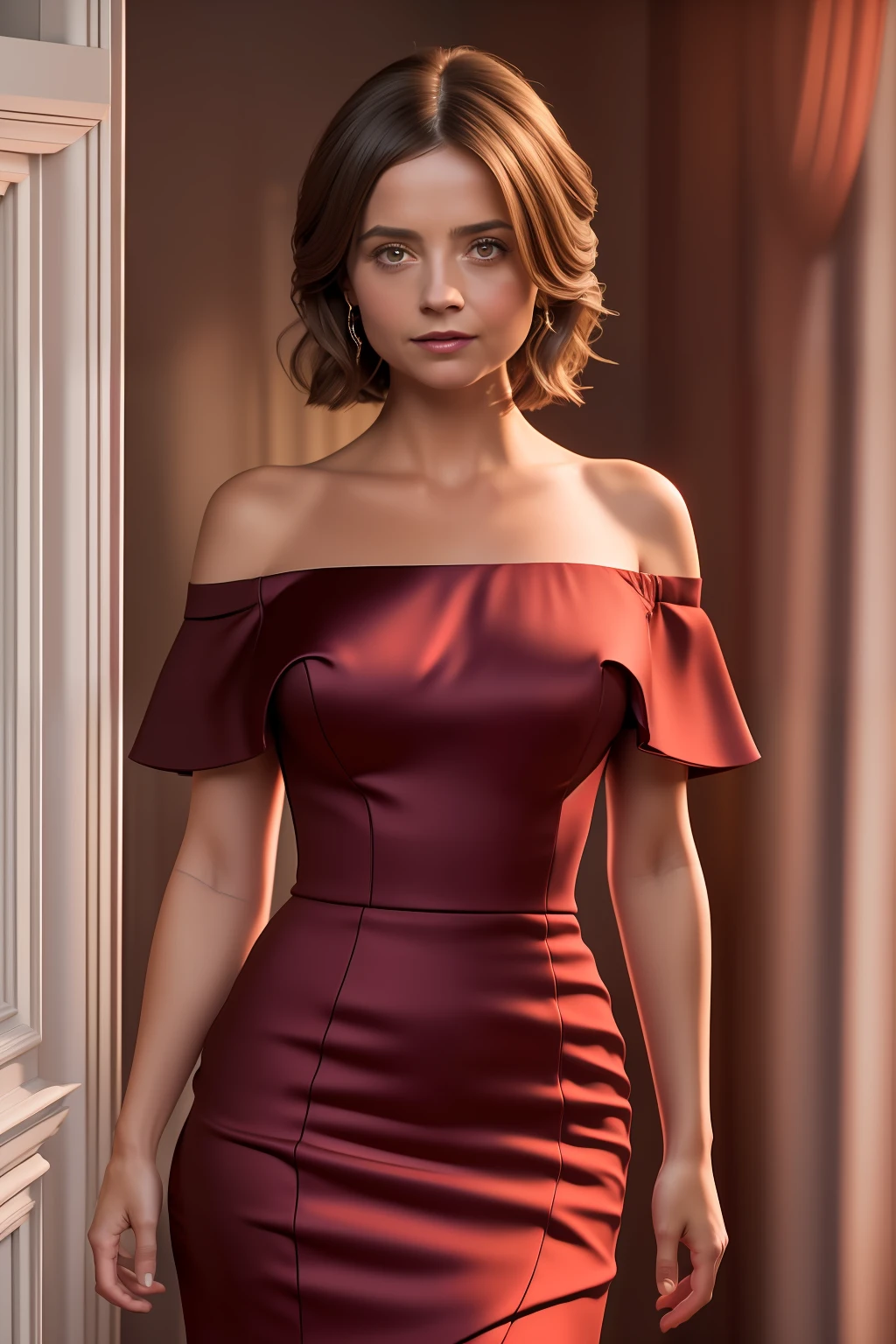 Jenna Coleman, Une grande femme adulte mince debout dans sa chambre sombre, portant une robe de cocktail rouge foncé serrée et décolletée, ((petit_seins)), clavicule, petit head, (Photoréaliste:1.2) (Meilleure qualité) (détails complexes) (8k) (Haute Poly) (Tracé laser) (Éclairage de cinéma) (netteté) (Visage détaillé), textures de peau réalistes, (Elle a 50 ans)