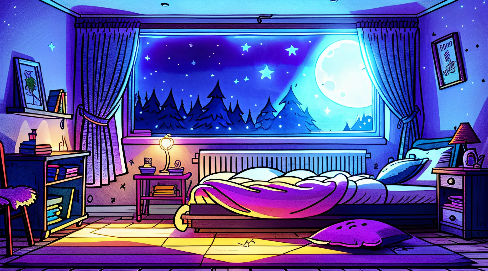 غرفة نوم مريحة في الليل, ضوء القمر يسطع من خلال النافذة, رسم توضيحي مفصل, كارتون, في أسلوب الجاذبية,