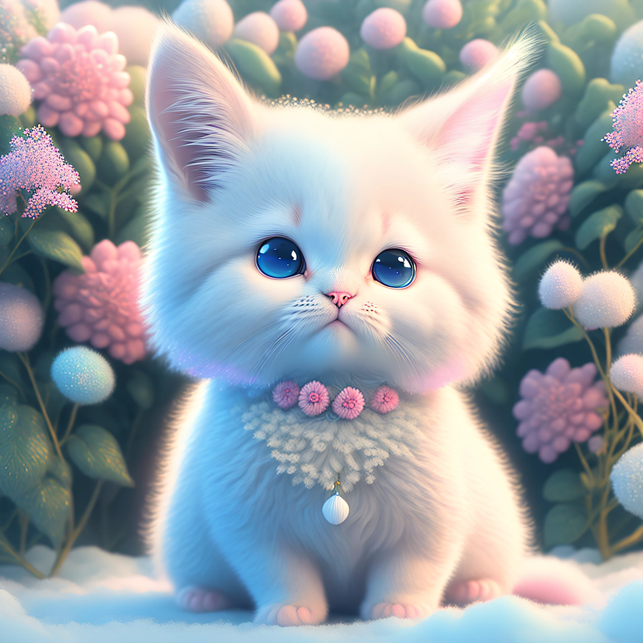 In dieser ultra-detaillierten CG-Kunst, das entzückende Kätzchen umgeben von Blumen, Pastell- und Neonfarben, beste Qualität, hohe Auflösung, komplizierte Details, Fantasie, süße Tiere