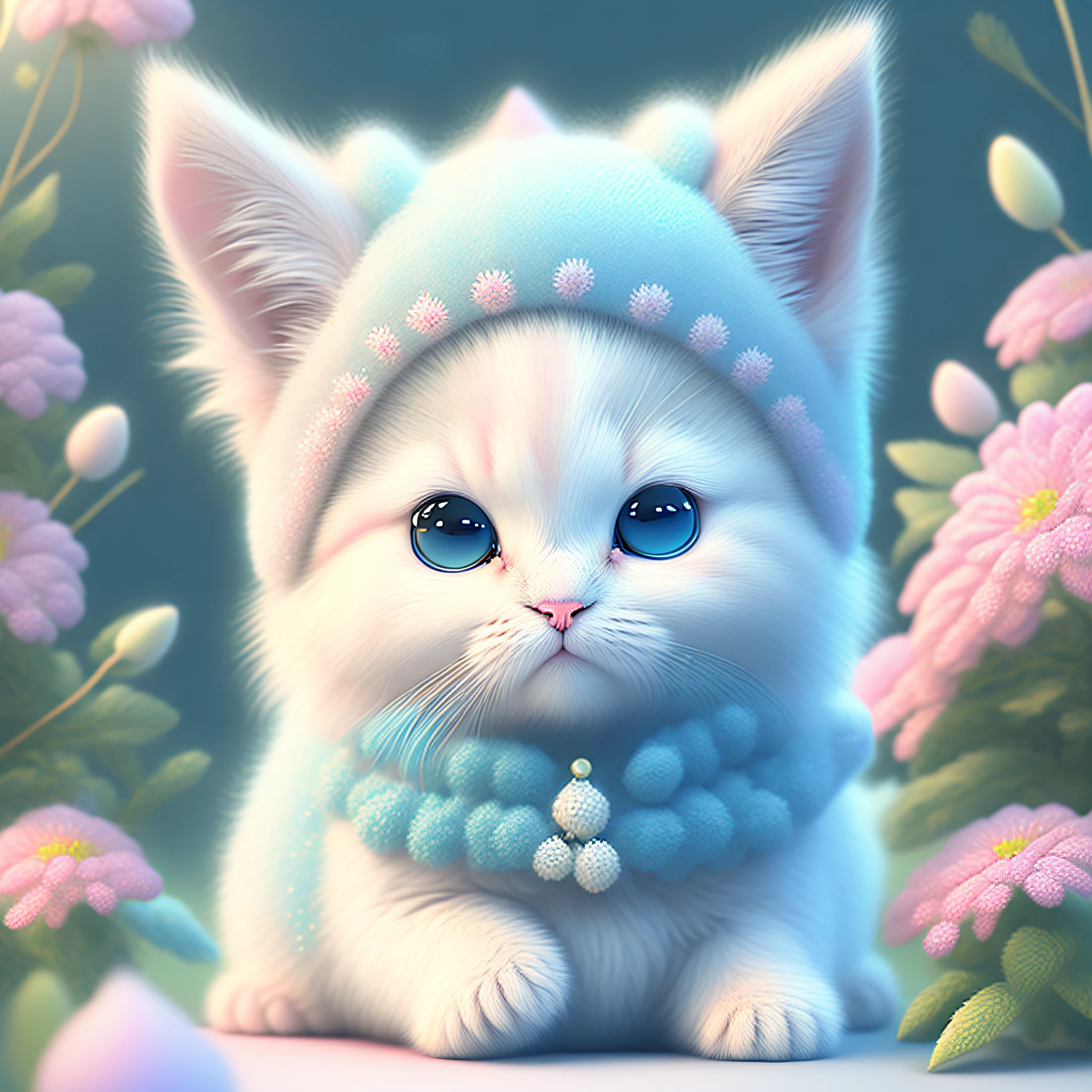 In this ultra-detailed CG art, the adorable kitten surrounded by floral flower, Pastel and neon colors, best quality, high resolution, intricate details, fantasy, cute animals