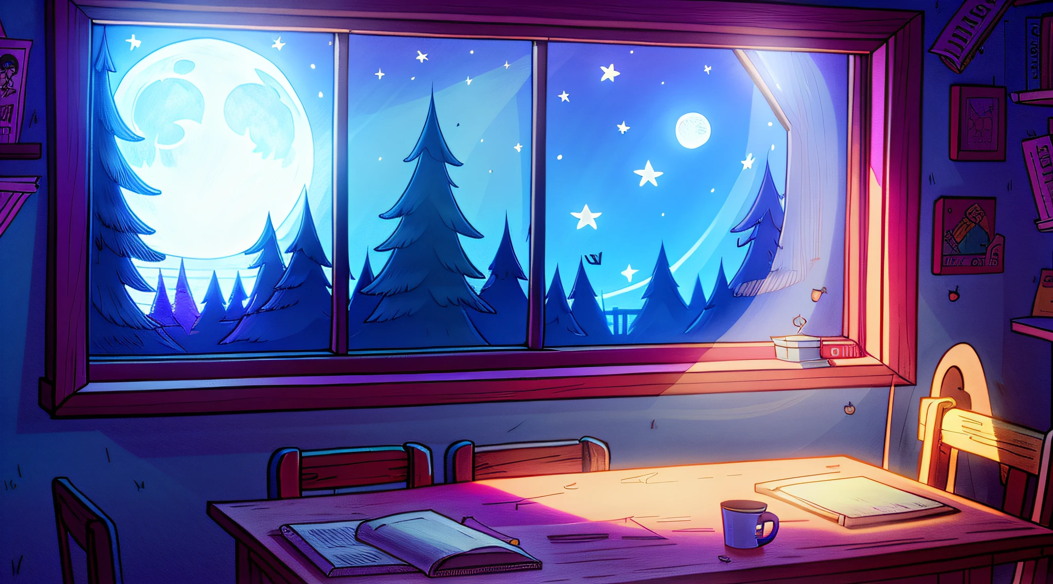 a cozy room at night, moonlight shining through the window, detailed illustration, girl studying at the table, cartoons, in the style of gravityfalls,