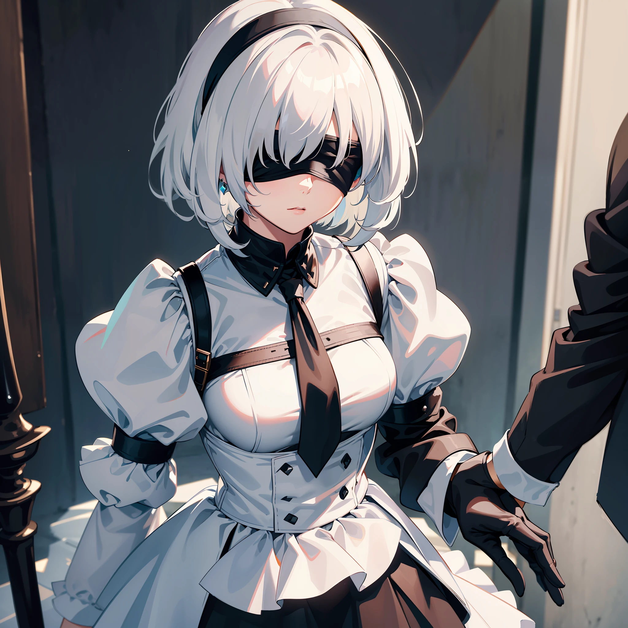 masterpiece, best quality, solo, (yorha no. 2 type b:1.14), (covered eyes:1.05), (portrait:1.1), (upper body:1.1), medium breasts, expressionless, 1girl, solo, (ruffling hair, messy hair:1.1), short hair, white hair, beautiful background, best quality, ultra detailed, 1girl, solo, standing, medium hair, blunt bangs does not look at the viewer, blindfolded, white shirt, tie,  black skirt, black gloves, focus on face, focus on body, focus on clothes, earrings, accessories