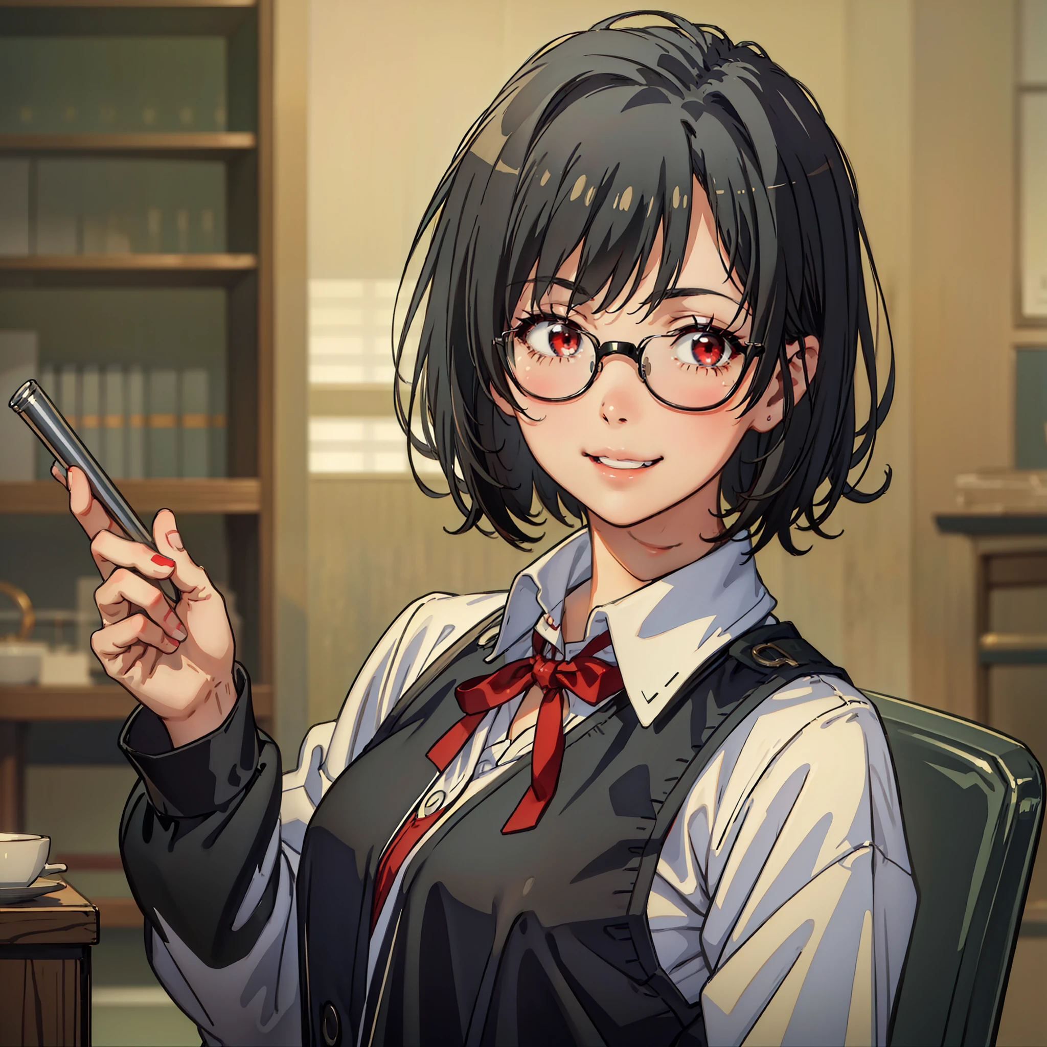 "(masterpiece, best quality), Anime, a woman with black bob cut, cute face, red eyes, front view, smiling, wearing a school uniform and glasses."