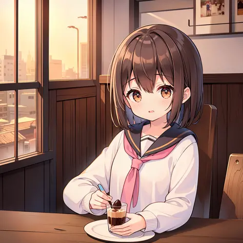 1girl,high picture quality, high quality, masterpiece, indoors, coffee shop, chocolate parfait on table, sailor suit, pink very ...