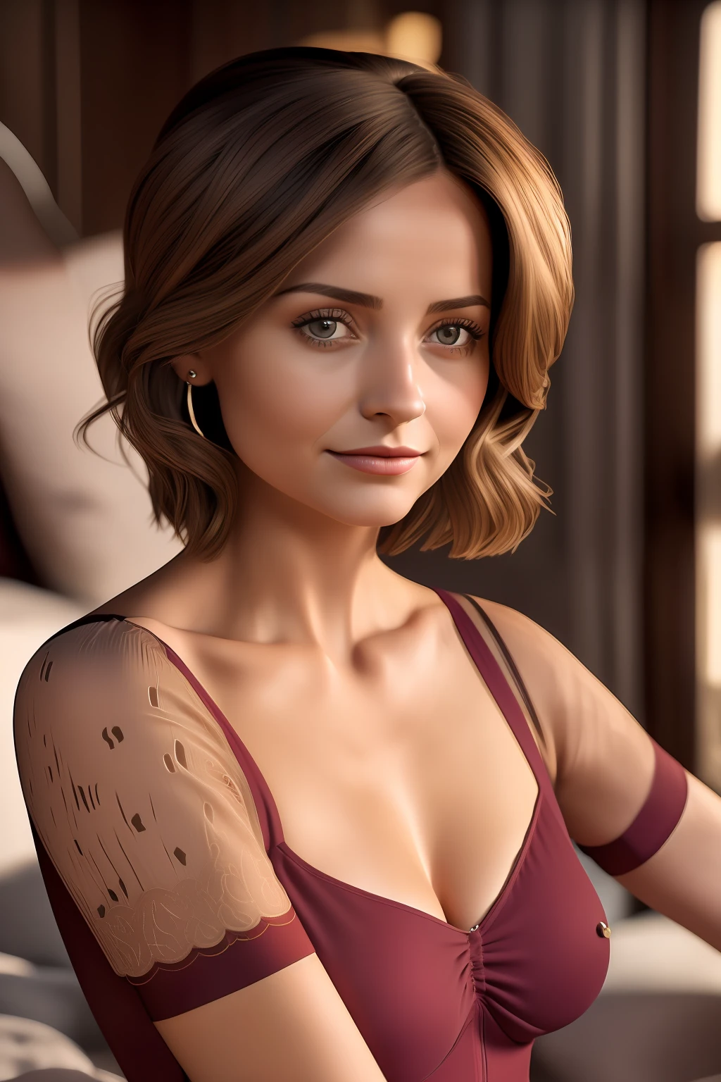 Jenna Coleman, A tall slender elderly woman sitting on her bed, she wears a tight off-the-shoulder dark red short dress that fits snugly to her body, ((small_breasts)), collarbone, small head, (photorealistic:1.2) (best quality) (intricate details) (8K) (High Poly) (ray tracing) (cinema lighting) (sharp focus) (detailed face), realistic skin textures, (she is 50 years old), ((cameltoe))