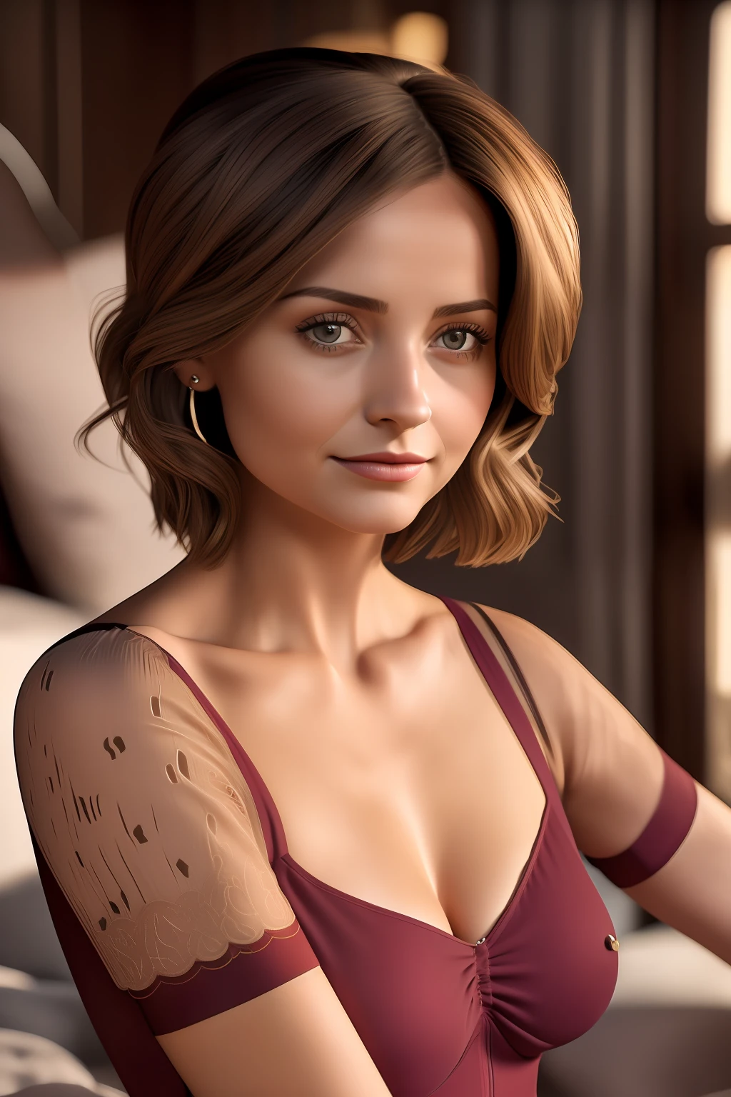 Jenna Coleman, Une femme âgée, grande et mince, assise sur son lit, elle porte une robe courte rouge foncé moulante à épaules dénudées qui épouse parfaitement son corps, ((petit_seins)), clavicule, petit head, (Photoréaliste:1.2) (Meilleure qualité) (détails complexes) (8k) (Haute Poly) (Tracé laser) (Éclairage de cinéma) (netteté) (Visage détaillé), textures de peau réalistes, (Elle a 50 ans), ((orteil de chameau))