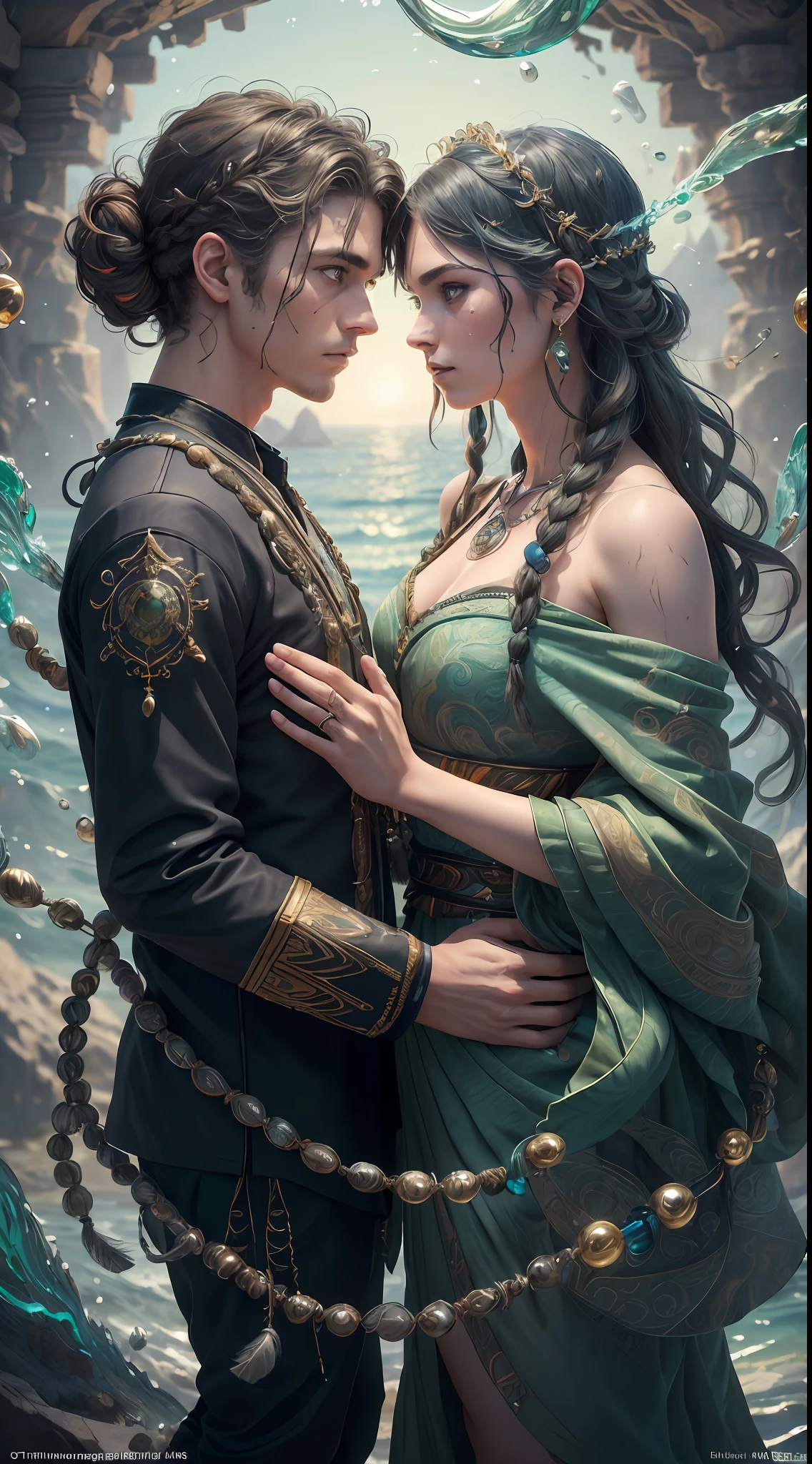 Couple (((male)), fashion shoot, (full portrait), (half), solo, detailed background, detailed face, (stonepunkAI, stone theme:1.1), wise, (beautiful hair, braid: 0.2), shaman, septum harsh, mysterious, (gorgeous face), stunning, head tilted up, (calm expression), calm, intimate interaction, sea bubble green worn clothes, rosary, Tribal ornaments, feathers in hair, headdress: 0.33, emerald, obsidian, detailed clothes, realistic skin texture, (floating particles, water swirls, embers, rituals, whirlwinds, wind: 1.2), clear focus, volumetric lighting, good highlights, good shadows, subsurface scattering, complex, highly detailed, ((film)), dramatic, (highest quality, award-winning, masterpiece: 1.5), (realism: 1.5),