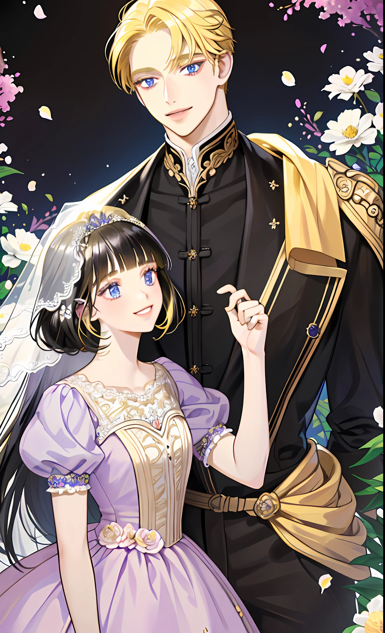 masterpiece, best quality, 2others, couple, 1man with 1woman, Height difference, happy, love, smile, flower-filled landscape, forehead, ((blonde hair man)), (((black hair girl))), ((blunt bangs girl)), purple eyes girl, blue eyes man, ((wedding couple))