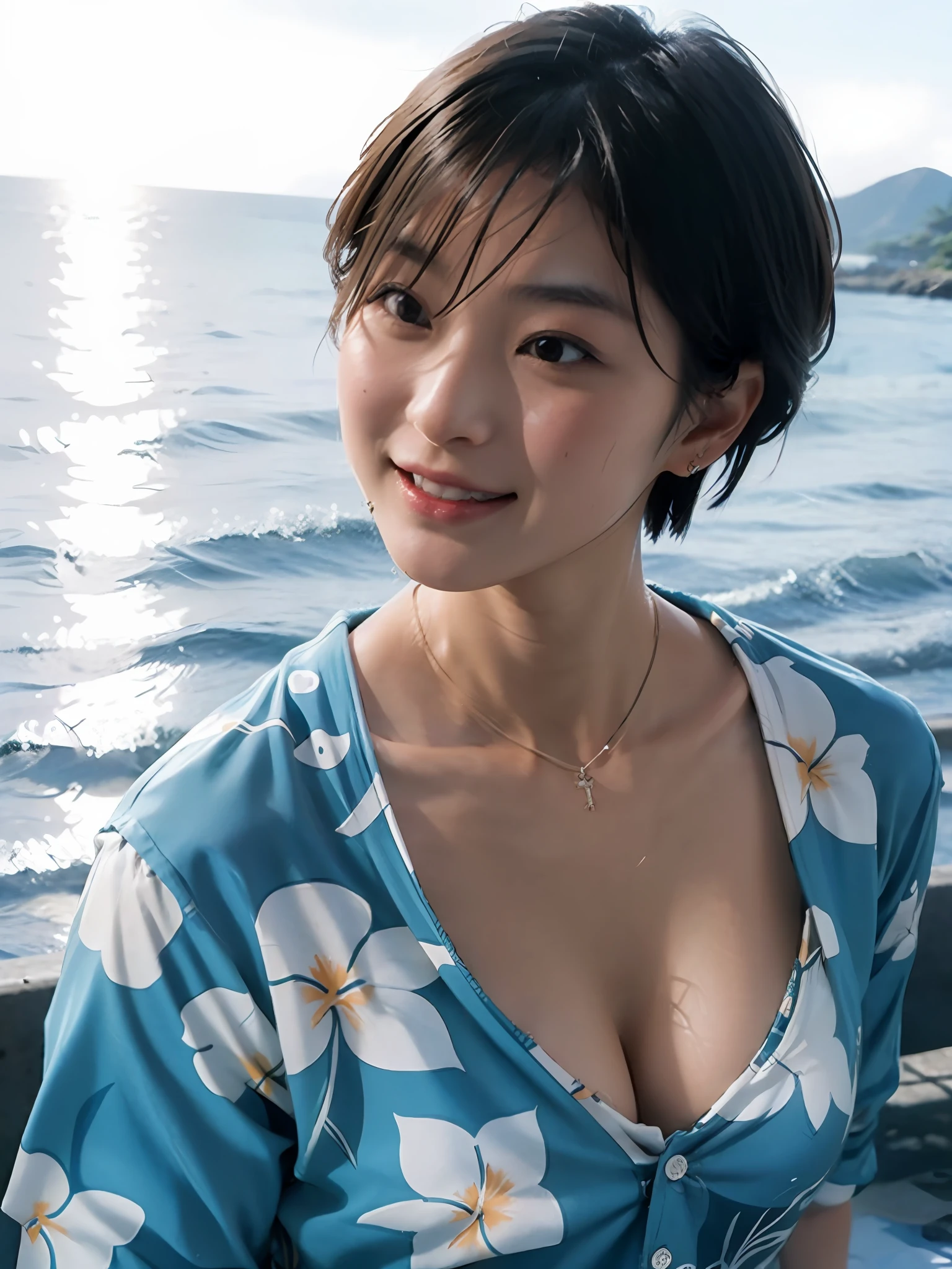 1 girl, Japan person, photorealistic, beautiful and detailed face, viewer, simple background, solo, sea, aloha shirt, small breasts, aloha shirt. sunny, summer vacation, beach, (short hair, wet), smile, movie lighting, movie, Japan drama, (necklace), earrings