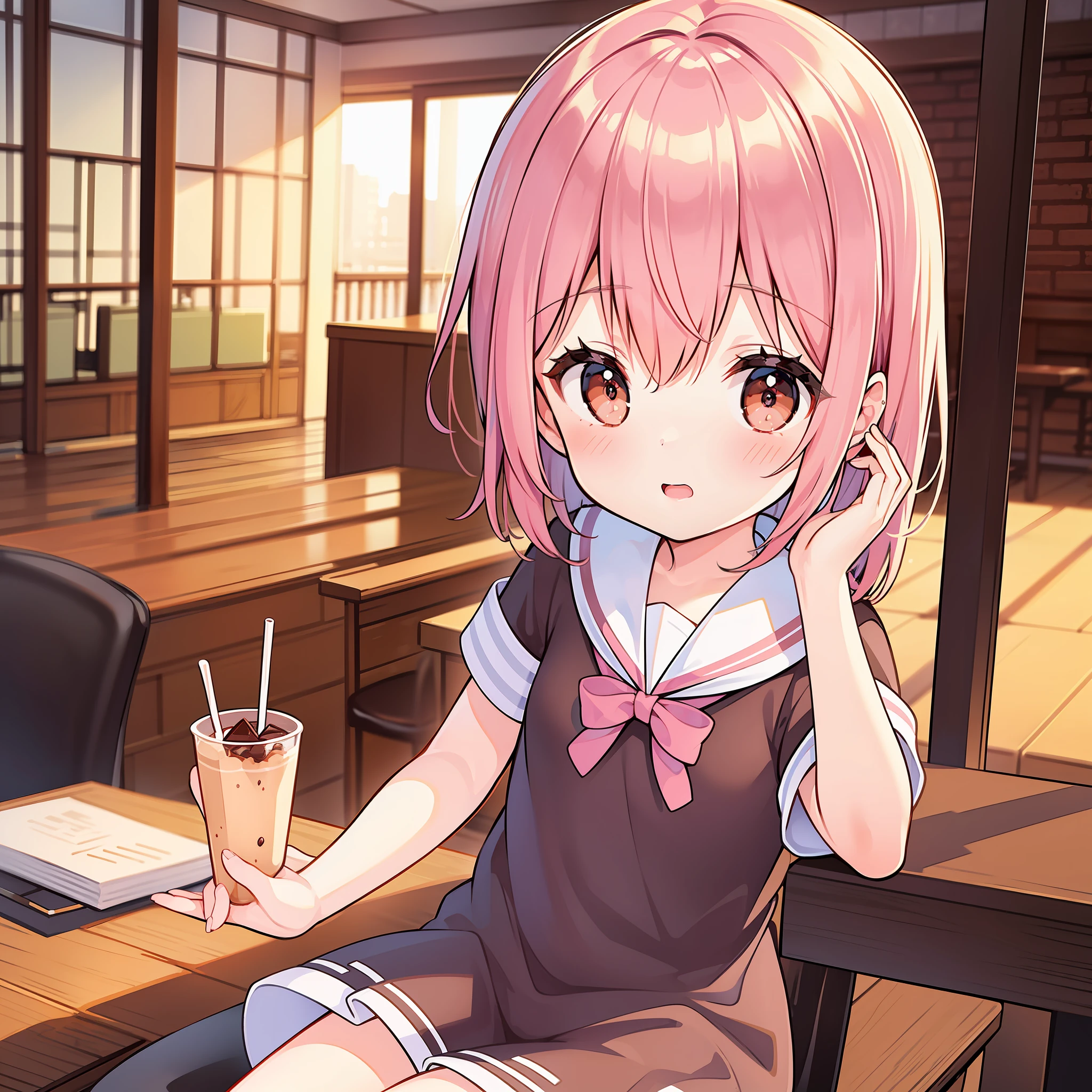 1girl, high image quality, masterpiece, indoor, coffee shop, table, chocolate parfait, short sleeved sailor suit, pink berry short hair, brown eyes, one junior high school girl