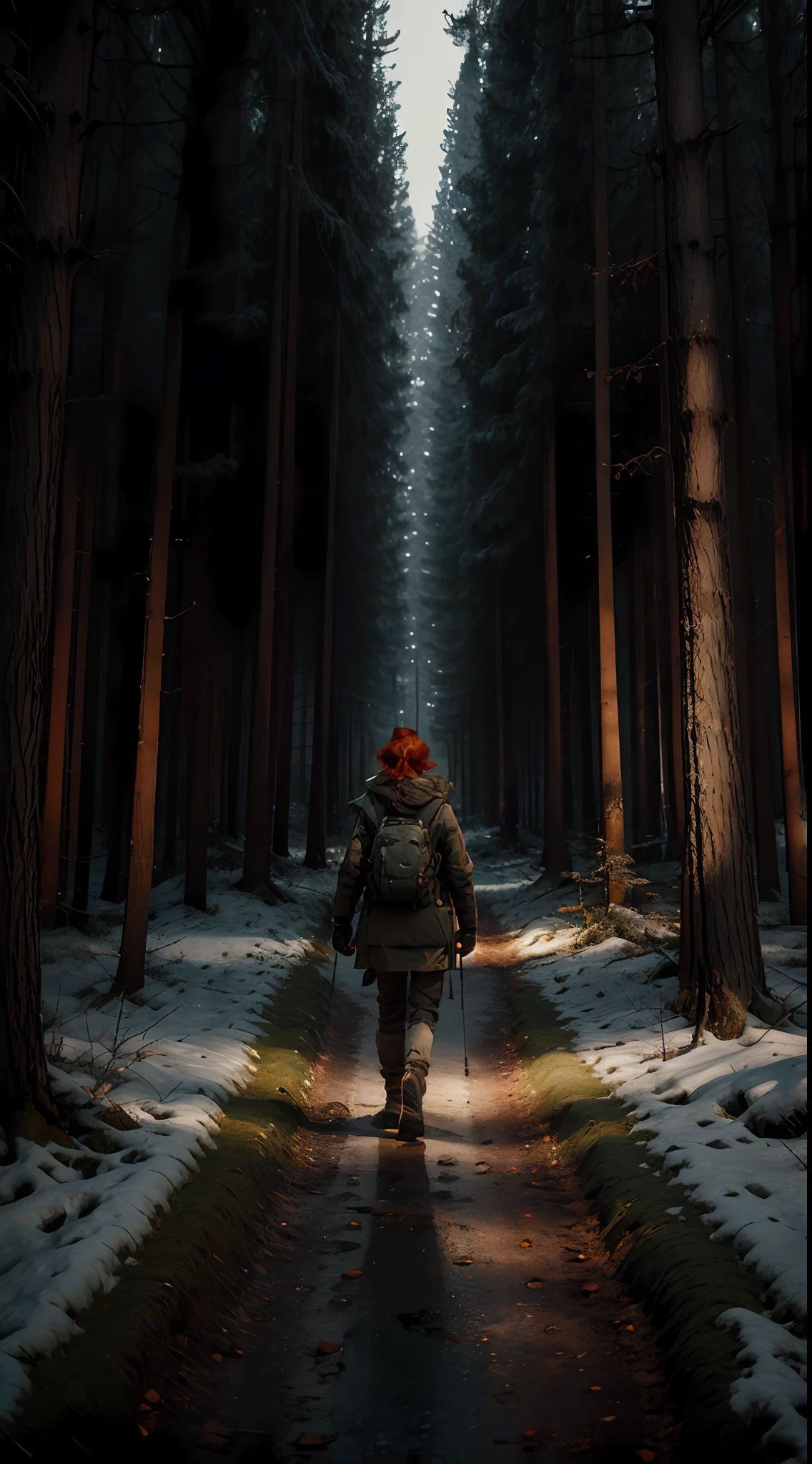 Femme rousse marchant dans une forêt dans les bois en hiver la nuit avec une lampe de poche à la main sur une place, dos, tenue militaire d&#39;hiver, 8k, rendu d&#39;octane, Greg Rutkowski