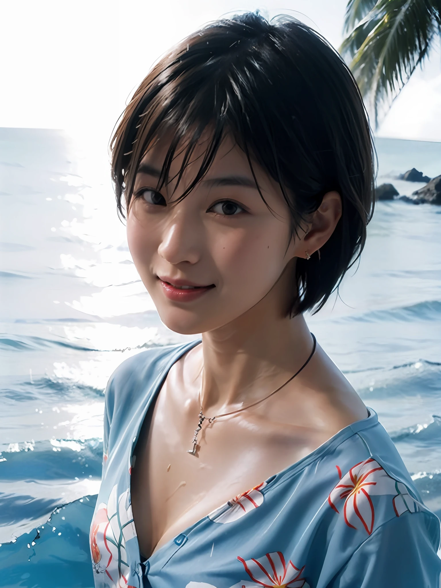 1 girl, Japan person, photorealistic, beautiful and detailed face, viewer, simple background, solo, sea, aloha shirt, small breasts, aloha shirt. sunny, summer vacation, beach, (short hair, wet), smile, movie lighting, movie, Japan drama, (necklace), earrings