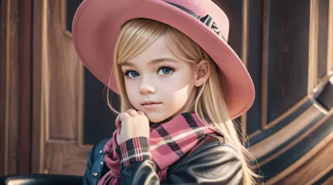 BLONDE CHILD girl,wearing a pink hat and scarf sitting on a black leather chair, photo from a promotional session, promotional p...