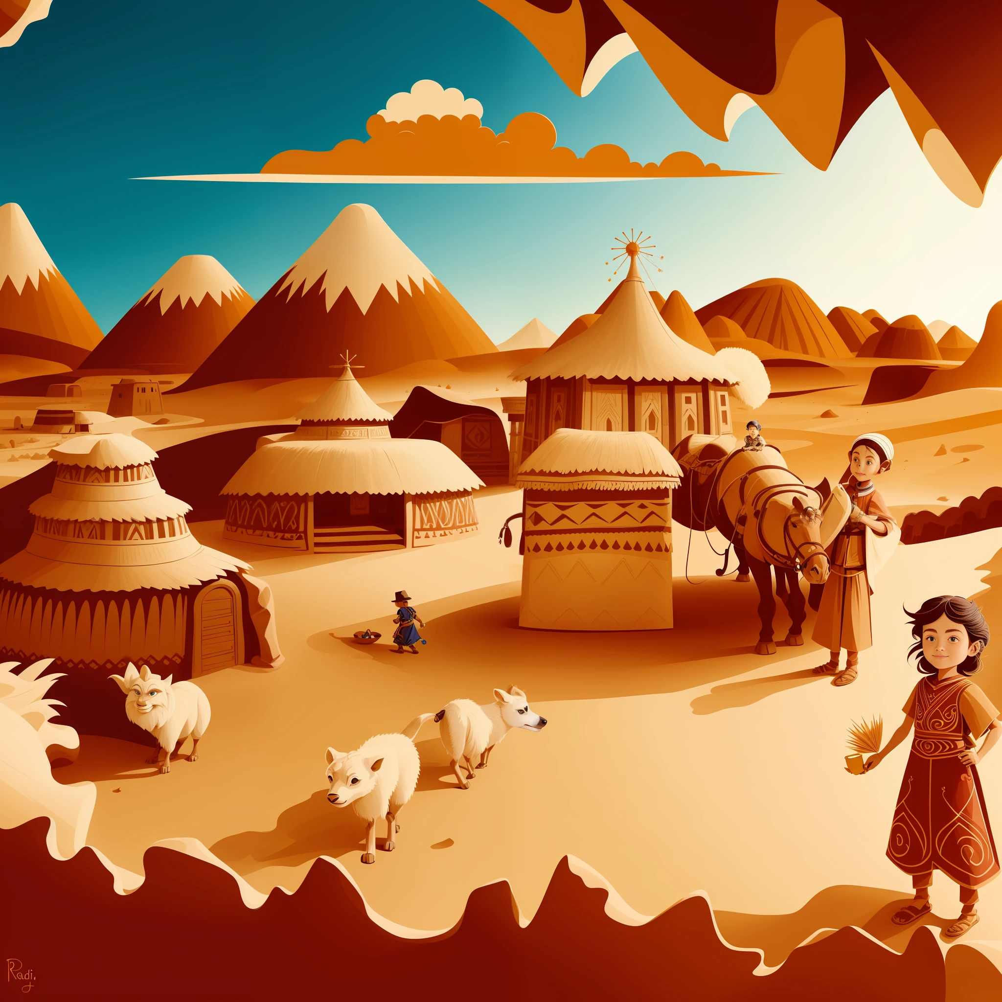 there is a cartoon picture of a woman and a child in a desert, a beautiful artwork illustration, stylized digital illustration, sci - fi mongolian village, folkloric illustration, by Radi Nedelchev, stylised illustration, highly detailed illustration, by Marie Bashkirtseff, surreal illustration, by andrei riabovitchev, detailed digital illustration, artistic illustration