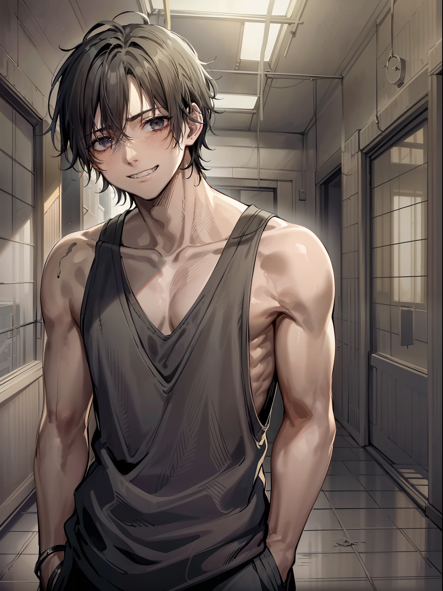 1boy, (Male): A boy with dark, piercing black eyes, who seem to reveal deep mysteries. He wears a dark black tank top, contrasting with his pale skin. Her hair is dark black, with white tips that give a unique touch to her look. His teeth, slightly sharp, give it an enigmatic look. His tired look is evident, as are the dark circles that highlight his exhausted appearance. A light, mocking smile appears on his lips, revealing a touch of malice. His feet are barefoot, connecting him to the urban and abandoned environment around him. The scenery is dark, with crumbling buildings and shadows that evoke a mysterious and dark atmosphere.